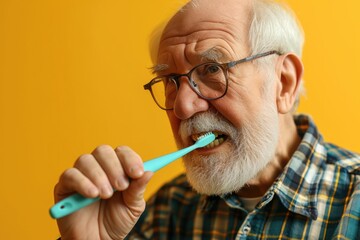 Senior Oral Wellness: An Elder Demonstrates Dental Care, Brushing Teeth, Isolated on a Pastel Background - A Gentle Depiction of Daily Hygienic Routine in Isolation.

