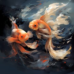 Abstract gold fish in painting style, auspicious animal for Chinese New Year - obrazy, fototapety, plakaty
