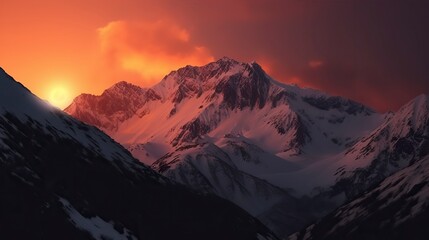 A breathtaking mountain landscape at sunset, with snow-capped peaks, a fiery sky, and a sense of awe and majesty, Photography