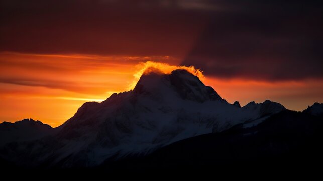 A breathtaking mountain landscape at sunset, with snow-capped peaks, a fiery sky, and a sense of awe and majesty, Photography