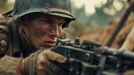 Obraz premium Historical Combat Chronicle: Capture the Intensity of World War II as a Determined Machine Gunner Operates an MG42, Adorned in Military Uniform, in the Chaos of Frontline Battles.