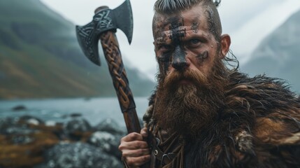 Into the Norse Mists: A Viking Warrior, Axe Gleaming, Stands Proud in the Nordic Fjord, Symbolizing the Unyielding Spirit of the North. - obrazy, fototapety, plakaty