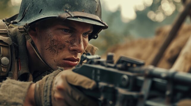 Historical Combat Chronicle: Capture the Intensity of World War II as a Determined Machine Gunner Operates an MG42, Adorned in Military Uniform, in the Chaos of Frontline Battles.