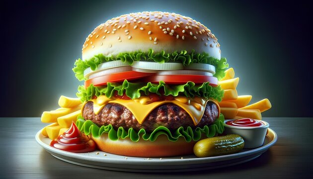 hamburguer with fries and picles ketchup on the side lettuce and onions cheese