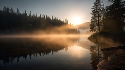 A breathtaking sunrise over a serene mountain lake, with mist rising from the water, pine trees on the shore, and a feeling of tranquility and awe, Photography 