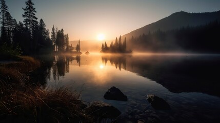 A breathtaking sunrise over a serene mountain lake, with mist rising from the water, pine trees on the shore, and a feeling of tranquility and awe, Photography 