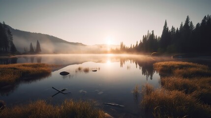 Fototapeta na wymiar A breathtaking sunrise over a serene mountain lake, with mist rising from the water, pine trees on the shore, and a feeling of tranquility and awe, Photography 