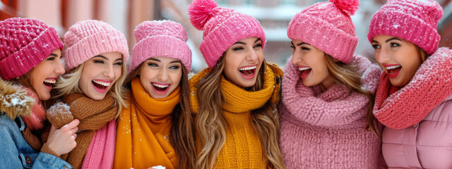 The Empowered Ensemble, A Vibrant Gathering of Women in Pink Hats and Scarves
