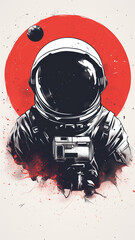 Lunar Eclipse: Monochrome Astronaut with Red Planet Backdrop Illustration