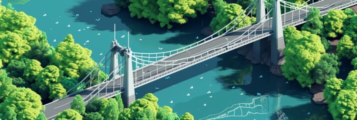 2D Isometric Cartoon Illustration of a Grey Suspension Bridge over a very Wide Delta - Animated illustrated Bridge Background created with Generative AI Technology - obrazy, fototapety, plakaty