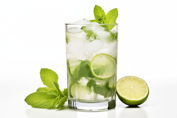 Glass of Mojito with Mint and Lime Isolated on White Background Alcoholic Drink Beverage 