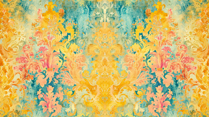 Hand Drawn Oil Painting of Seamless Tile Pattern Wallpaper for Residence Hotel Interior Wall Decoration, Midcentury, Retro Vintage Victorian ornaments, floral patterns background