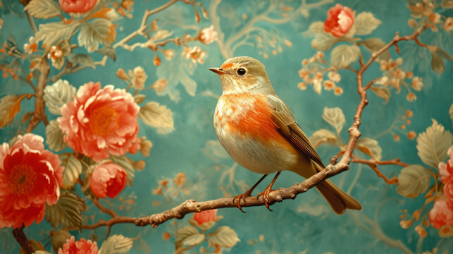 Fototapeta Hand Drawn Oil Painting of Seamless Tile Pattern Wallpaper for Residence Hotel Interior Wall Decoration, Midcentury, Retro Vintage Victorian ornaments, floral patterns background