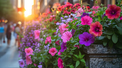 Fototapeta na wymiar Flores rosa e roxas intensas derramam-se sobre a borda de um vaso de pedra envelhecida em uma movimentada rua da cidade criando uma explosão de cor em meio ao agito urbano