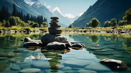 Foto op Aluminium Stack of zen stones with mountain and river backgrounds © 99 Inspiration