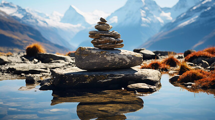 Fototapeta na wymiar Stack of zen stones with mountain and river backgrounds