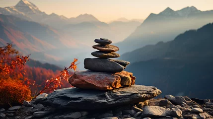 Foto op Aluminium Stack of zen stones with mountain and river backgrounds © 99 Inspiration