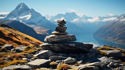 Poster Stack of zen stones with mountain and river backgrounds © 99 Inspiration
