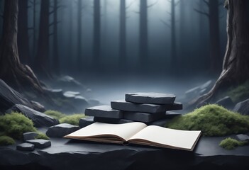 Mystical Beginning: Blank Book in a Forest Scene - obrazy, fototapety, plakaty