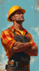 Resolute Builder: Stylized Portrait of a Determined Construction Worker with a Golden Hard Hat