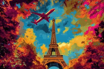 Eiffel Tower and plane illustration pop art cartoon postcard colorful, travel Europe, France Paris - obrazy, fototapety, plakaty