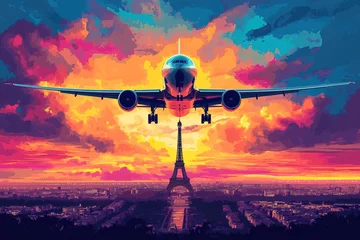 Poster Im Rahmen Eiffel Tower and plane illustration pop art cartoon postcard colorful, travel Europe, France Paris © Roman