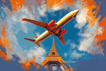 Obraz premium Eiffel Tower and plane illustration pop art cartoon postcard colorful, travel Europe, France Paris