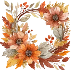 Badkamer foto achterwand Autumn floral frame PNG. Fall wreath. Rusty flowers border. Terracotta wedding. Thanksgiving card. Hand painted illustration transparent background © Andina