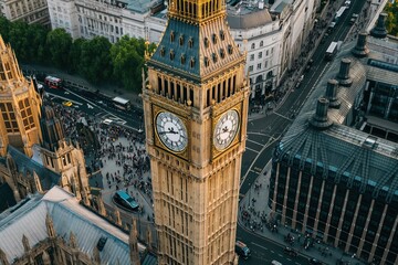 Big Ben in UK London England, beautiful scenic evening aerial high angle view