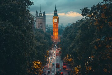 Big Ben in UK London England, beautiful scenic evening aerial high angle view - Powered by Adobe