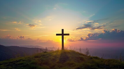 Cross on Top of Hill at Sunset