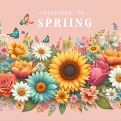 Vector spring background with flowers and butterflies. Floral frame for your design