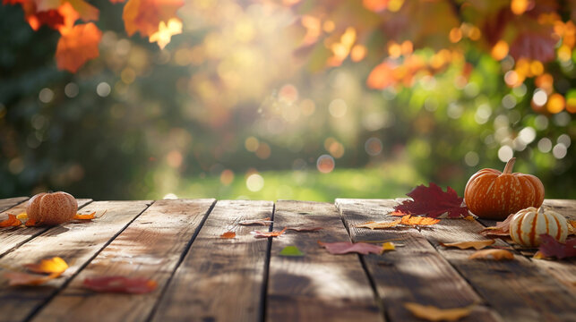 Wooden Table, Free Space, With Thanksgiving Theme Blurred Background 