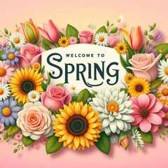 Spring background with flowers and lettering. 