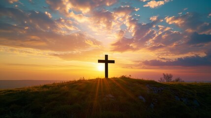 Cross Atop Hill Beneath Cloudy Sky, A