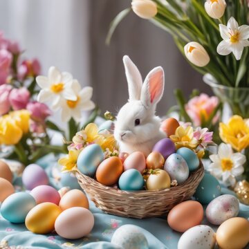 Easter, traditional family holiday, decoration with painted eggs and white rabbit surrounded by flowers