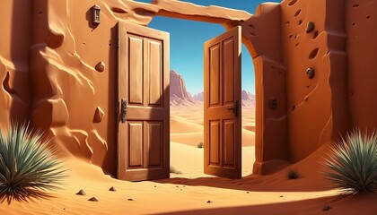 An opened door on the desert. Unknown and start up concept. A 3d illustration. Generative AI