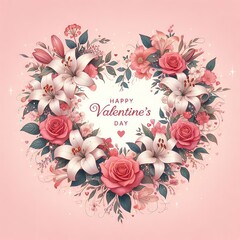 Valentine's day greeting card with floral wreath. 