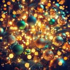 Christmas tree decoration with golden and green balls and bokeh lights