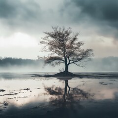 A tree without leaves in front of a lake, Generative AI