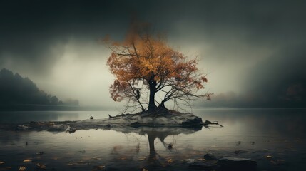 A tree without leaves in front of a lake, Generative AI