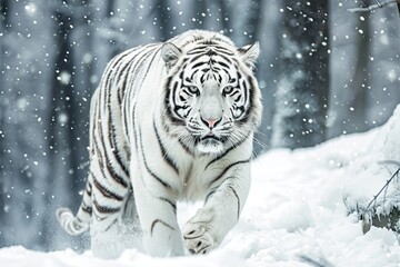 white tiger in snow environment winter landscape