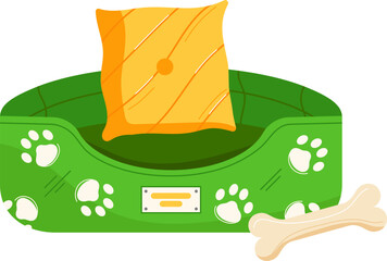 Green pet bed with paw prints, an orange pillow, and a bone. Comfortable pet furniture vector illustration.