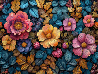 Seamless Tile Pattern Wallpaper for Residence Hotel Interior Wall Decoration, Realistic Hand Drawn Oil PaMidcentury, Retro Vintage Victorian with ornaments, nature-inspired, floral patterns background