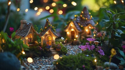 Cluster of Illuminated Small Houses in a - obrazy, fototapety, plakaty