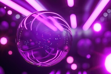 Purple circular bubbles. Stage backdrop, 3D illustration rendering, futuristic neon glowing room.