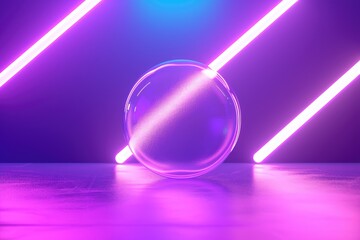 Purple circular bubbles. Stage backdrop, 3D illustration rendering, futuristic neon glowing room.