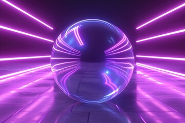 Fototapeta na wymiar Purple circular bubbles. Stage backdrop, 3D illustration rendering, futuristic neon glowing room.