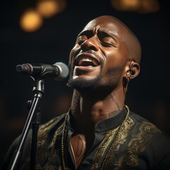 African American man singing on stage with microphone eyes closed confident 
