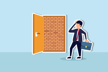 Business dead end, no way to exit or big mistake and wrong decision, obstacle and difficulty to overcome concept, businessman open exit door and found brick wall blocking the way.